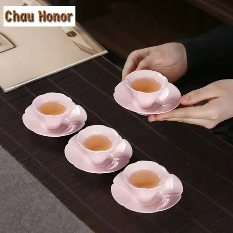 4pc/set Boutique Jade Mud Cherry Blossom Powder Teacup Tea Bowl Set of Cups Tea-tasting Smelling Cup Jianzhan Master Cups Teaset