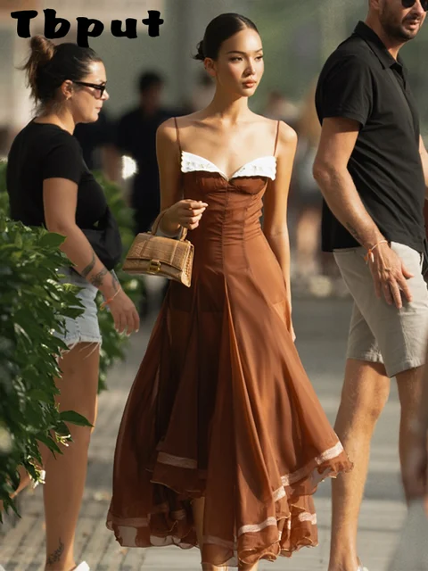 Robe de bal chic en mousseline pour femme, élégante, à fines bretelles, ourlet à volants, coupe trapèze, pour l'été 2026, idéale pour mariage et soirée 1
