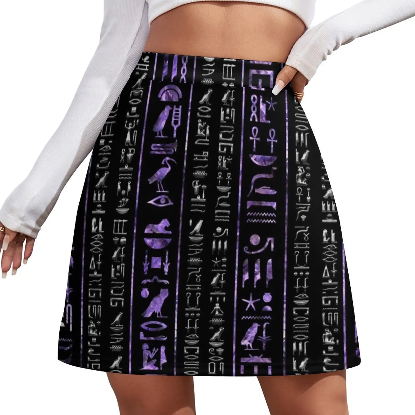 

Amethyst and Silver Egyptian hieroglyphics pattern Mini Skirt new in clothes dress women summer