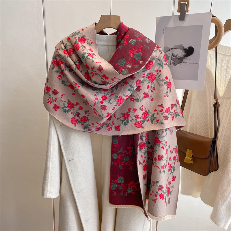 

Warm Poncho Cashmere Winter Women Scarf Fashion Floral Print Shawl Wraps Female Thick Pashmina Blanket Bufanda Travel Echarpe