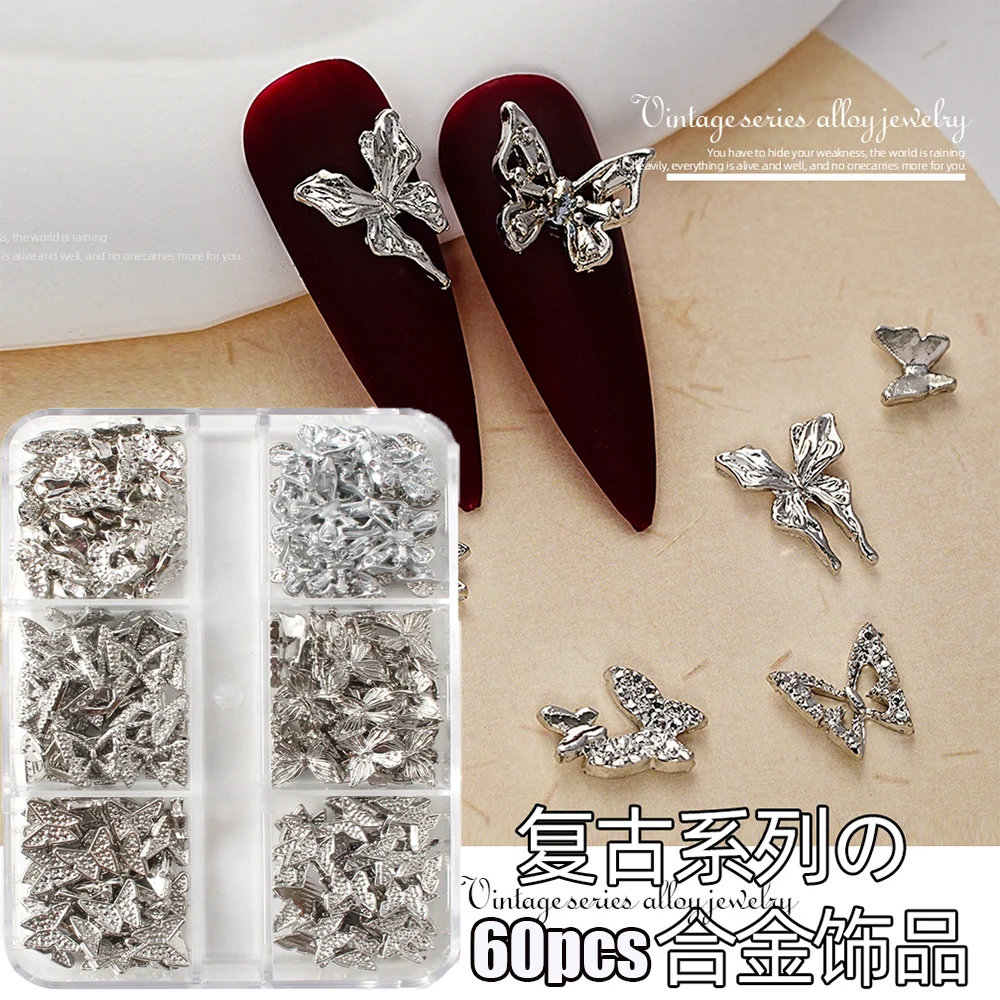 중공 나비 네일 참 혼합 3D 합금 실버 나비 네일 아트 장식, DIY 매니큐어 쥬얼리 네일 액세서리, 60 개