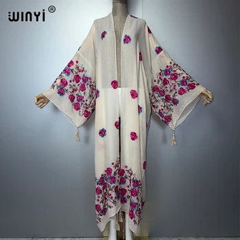 WINYI embroidery kimono Bohemian luxury beachwear Swim Suit Cover up women Cardigan sexy Holiday long coat abaya dubai luxury 1
