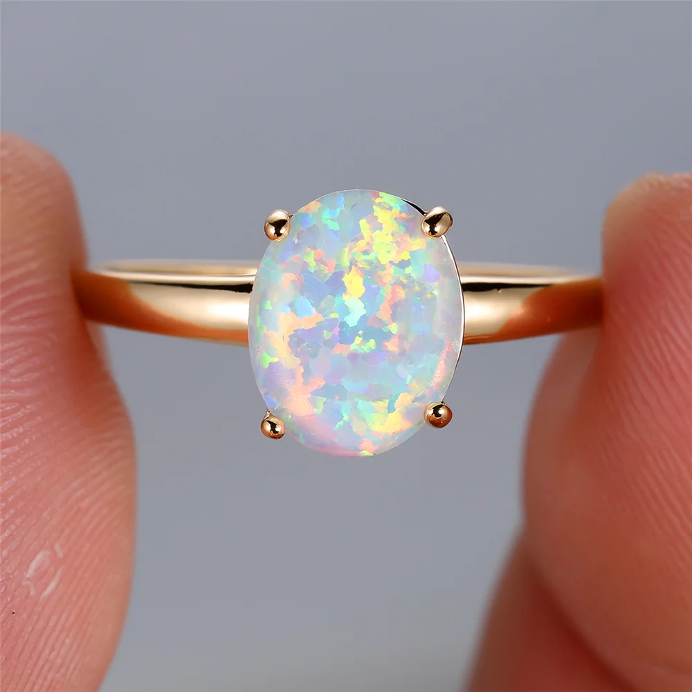 Wedding Rings Finger Rings Engagement Rings Opal Rings Female Rainbow White Fire Opal Stone for Women Finger Bands Yellow Gold Color Summer Wedding Jewelry