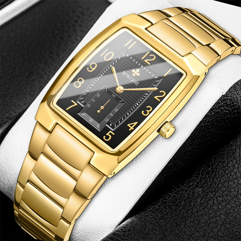 2022 Fashion WWOOR Square Watches For Men WristWatch Luxury Gold Black Stainless Steel Waterproof Quartz Clock Relogio Masculino