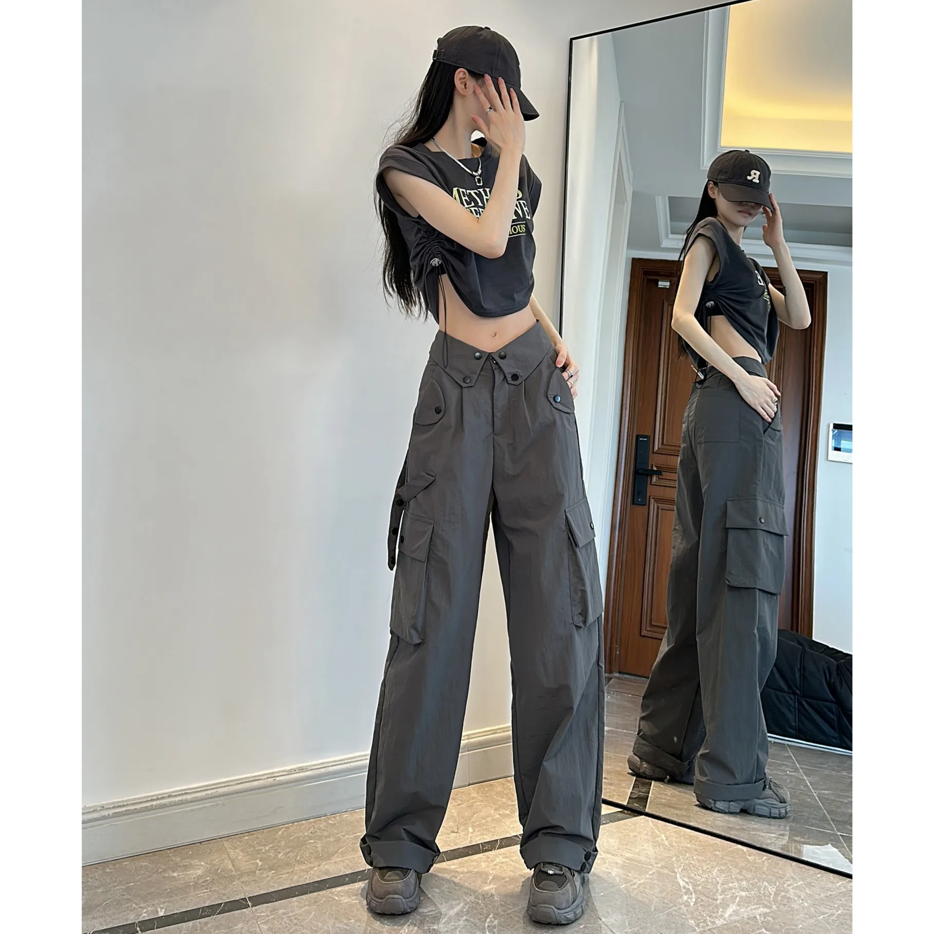 Street Overalls Women's New Breasted Over Waist Design Sense of Loose Straight Leg Casual Long Pants