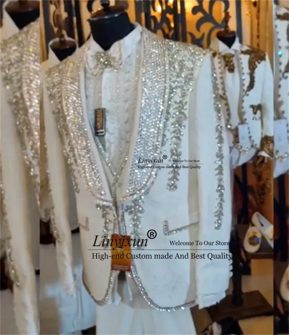 Stunning Crystal Diamond Men Suits 3 Pieces Sets Wedding Groom Tuxedo Glitter Lapel Male Prom Blazers Customized Costume Homme 2