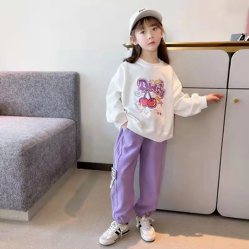 

Весна Осень Детские Девочки Хлопок Сладкий Белый Толстовка+Лаванда Sweatpant Набор Ребенок 2PCS Tracksuit Школа Дети Экипировка 2-11 Лет