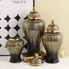 Ceramic Checkmate Jar Flower Vase Black Ginger Jar Gold-rimmed Storage Tank Porcelain Handicraft Floral Arrangement Accessories 1