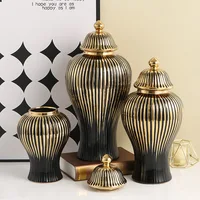 Ceramic Checkmate Jar Flower Vase Black Ginger Jar Gold-rimmed Storage Tank Porcelain Handicraft Floral Arrangement Accessories 1