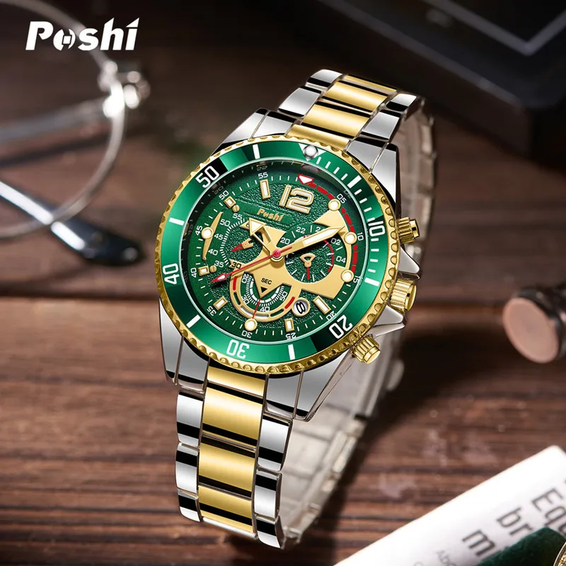 YIKAZE Green Watch For Men Luxury Versatile Alloy Man Quartz Watches Waterproof Calendar Luminous Business Male's Clock Watch