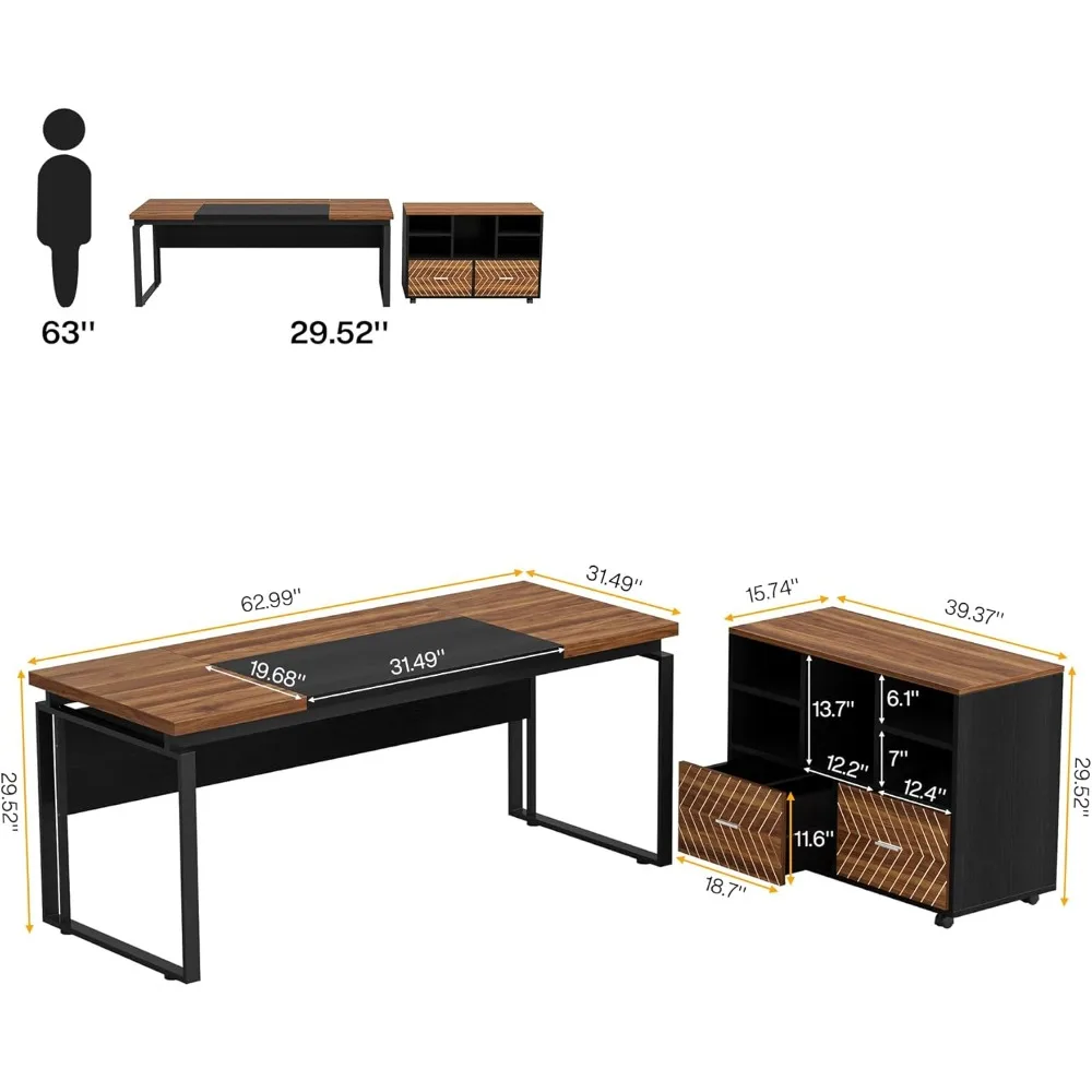 L-Shaped Executive Desk with Reversible File Cabinet, 63" Office Desk with Storage Drawers, L-Shaped Computer Desk wi 2