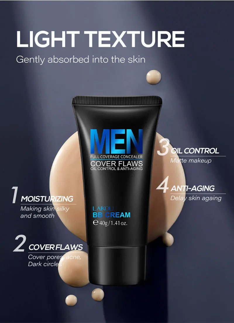 Men'S BB Cream Long-lasting Moisturizing Oil Control Concealer Full Covering Pore Scars Acne Marks Dark Spots Primer Makeup