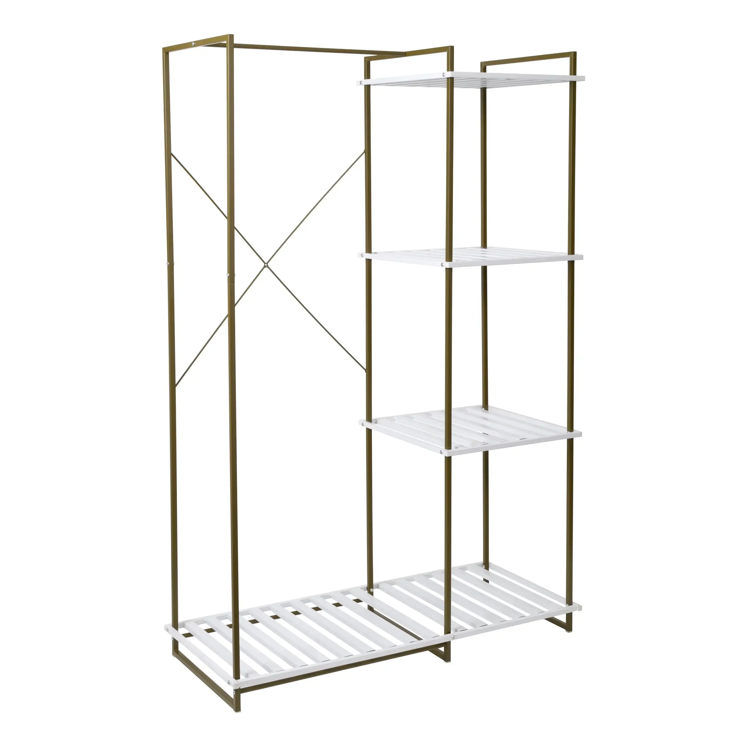 Freestanding Open Metal Closet Wardrobe with 4 Shelves, Olive/White