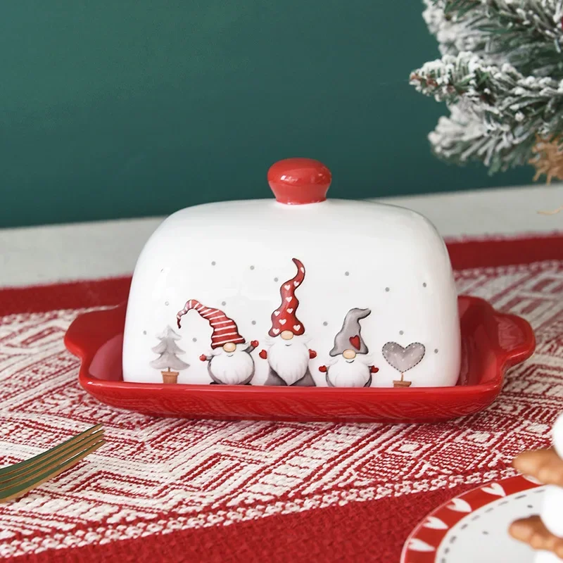 Ceramic Butter Dish Nordic Santa Claus Elk Cakes Sweets Desserts Plate Butter Plates Cheese Tray Tableware Christmas Food Tray butter storage box