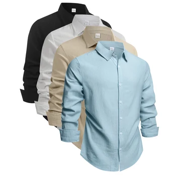 Camicia da Uomo in Cotone e Lino, Moda Casual, Abbigliamento Maschile di Alta Qualità, Camicie Nere e Bianche, Camicia a Maniche Lunghe da Uomo per Affari