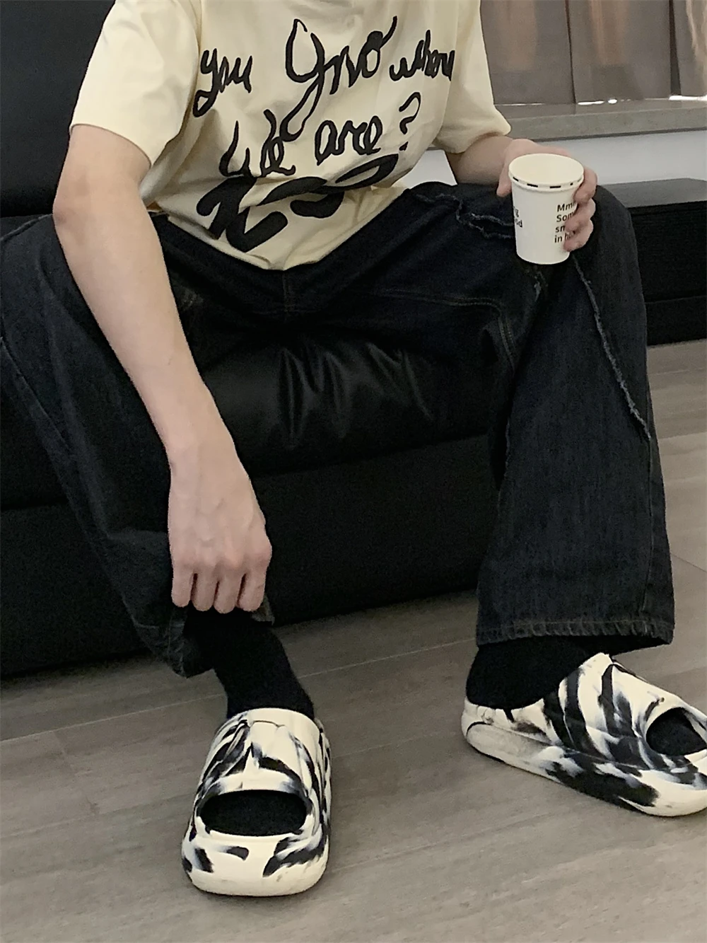 Chinese Ink Painting Slipper Man Women Fashion Black White Sandals 4cm Thick Sole Eva Outside In Summer Sandals Anti Slip Shoes