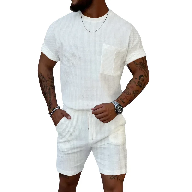Leisure Solid Color Tops Two Piece Sets Men Casual Short-sleeved Crew Neck T-shirt And Shorts Outfits Mens Summer Fashion Suits