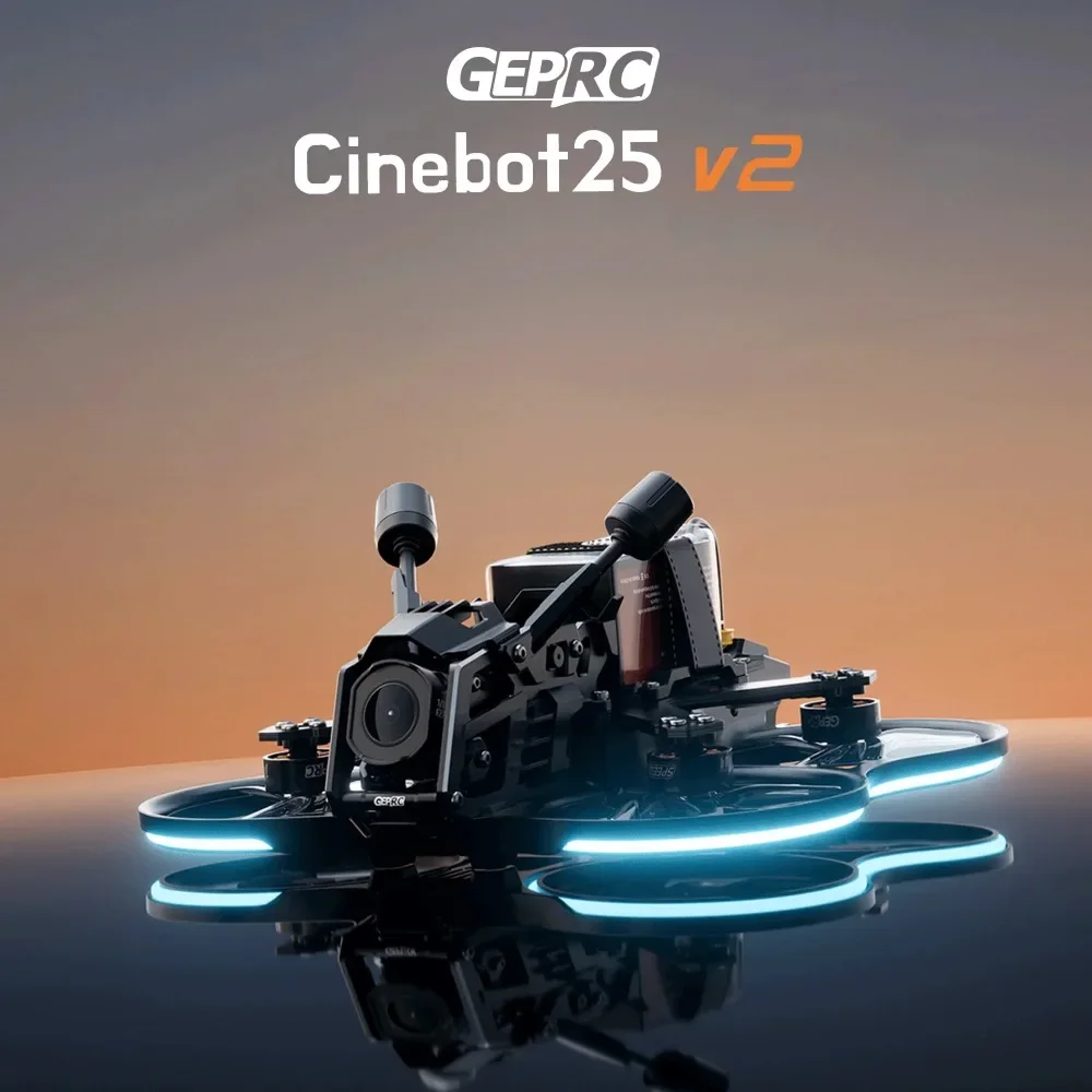 GEPRC Cinebot25 V2 avec DJI O4 Air Unit Pro posé sur une surface, détail des composants électroniques.