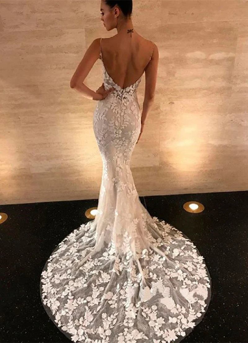 Boho Lace Appliques Wedding Dress Mermaid Bridal Dresses 2024 Spaghetti Straps Backless Beach Bridal Gowns Vestido De Noiva