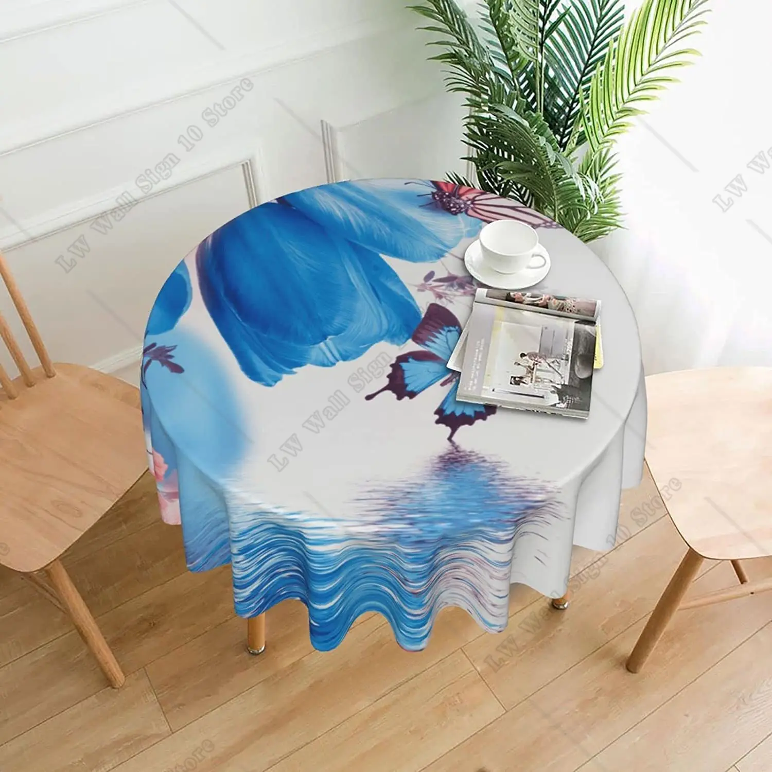 

Tablecloth Butterfly Blue Flower Tulip Spring Round 60 Inch Table Cover Polyester Stain Wrinkle Resistant Table Cloth for Dining