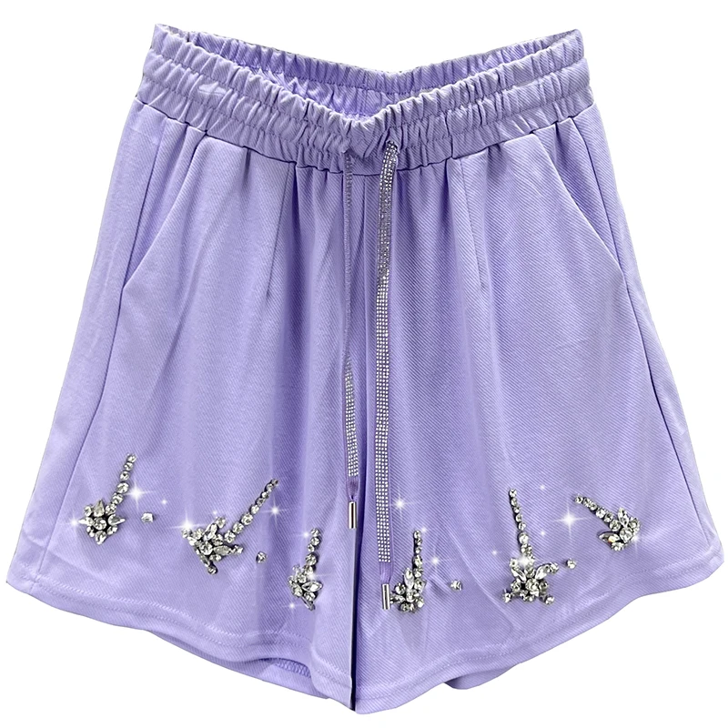 Diamond-Embedded Wide-Leg Shorts Women's Fashionable 2023 New Summer Lace-up High Waist Loose and Slimming Casual Hot Pants