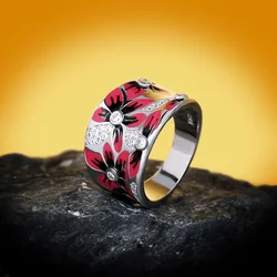 Charming Vintage Red Enamel Flower Ring in Silver Tone - 8 (B1588)