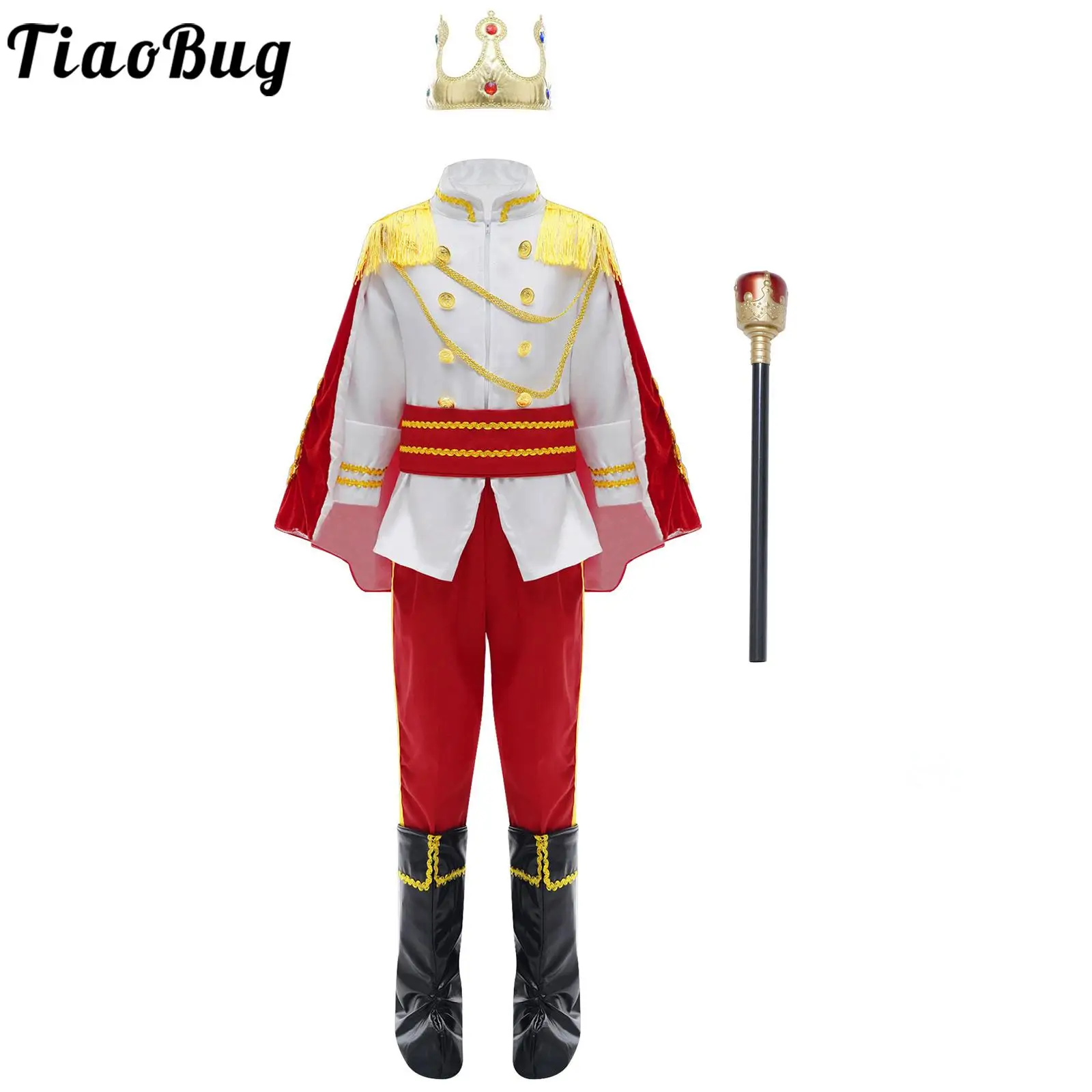 

Kids Boys Medieval Prince King Cosplay Costume Halloween Theme Party Dress Up Cloak Crown Scepter Top Pants Shoes Covers Set