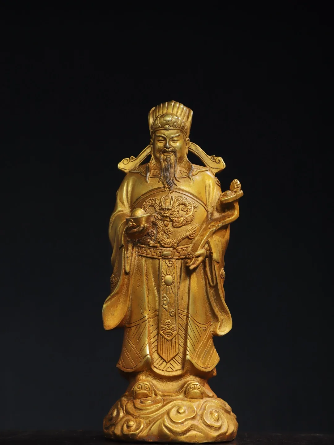 

10"Tibetan Temple Collection Old Bronze Cinnabar Gilded Dragon ingot coins God of Wealth statue Amass wealth Worship Hall