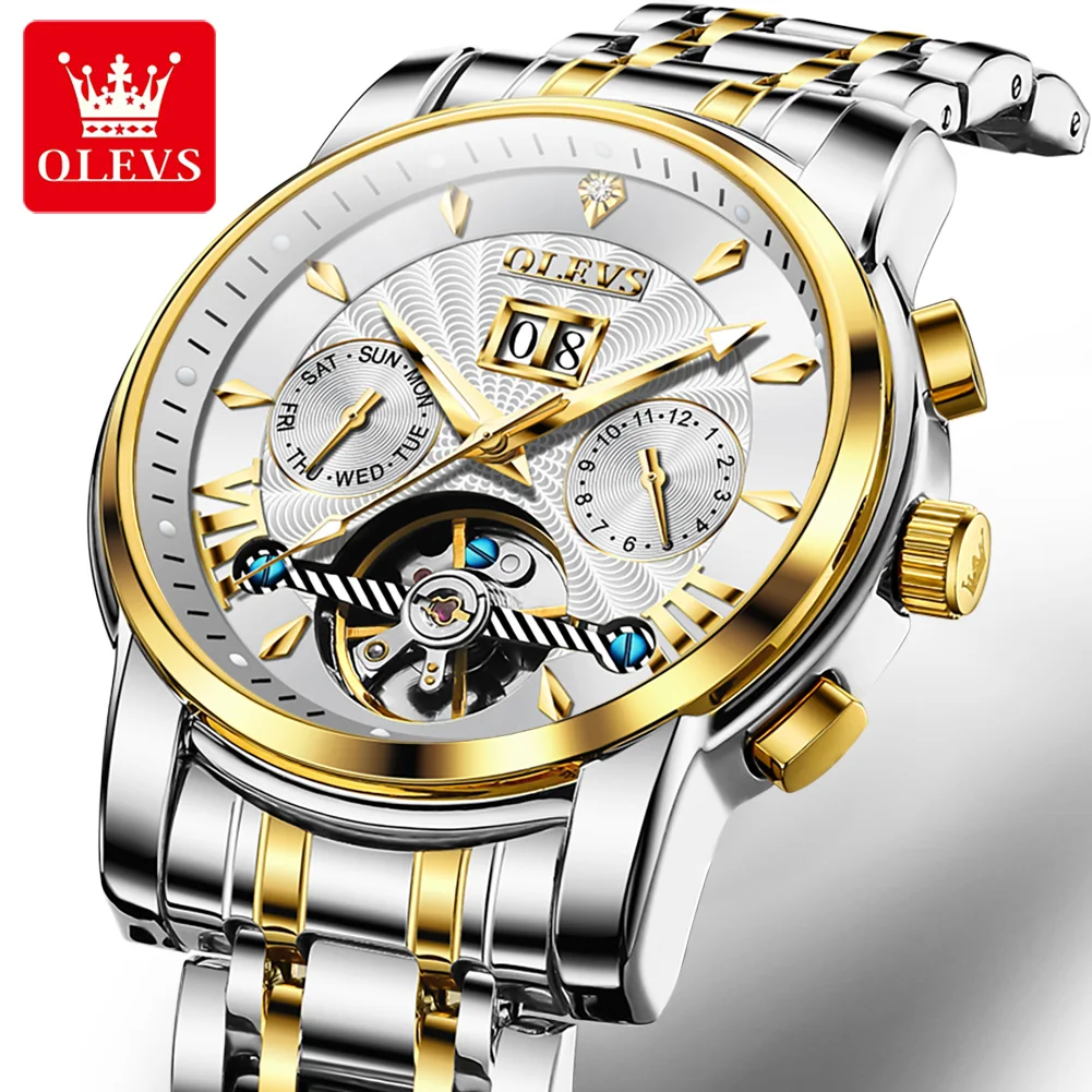 OLEVS Brand New Luxury Gold Mechanical Watch Men Stainless Steel Waterproof Fashion Tourbillon Watches Mens Relogio Masculino