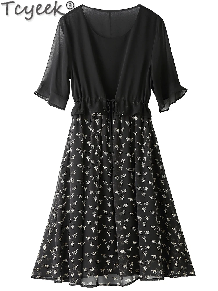 

Черное платье Tcyeek из шелка тутового шелкопряда, женская одежда, французское элегантное платье для женщин на весну-лето 92%, платье средней длины высокого качества