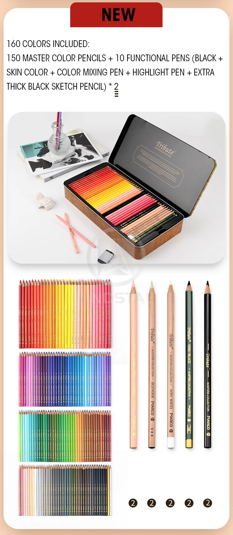 Marco Tribute 150 Colored Pencils Professional 3300 3320 Tin Box 48/72 –  AOOKMIYA
