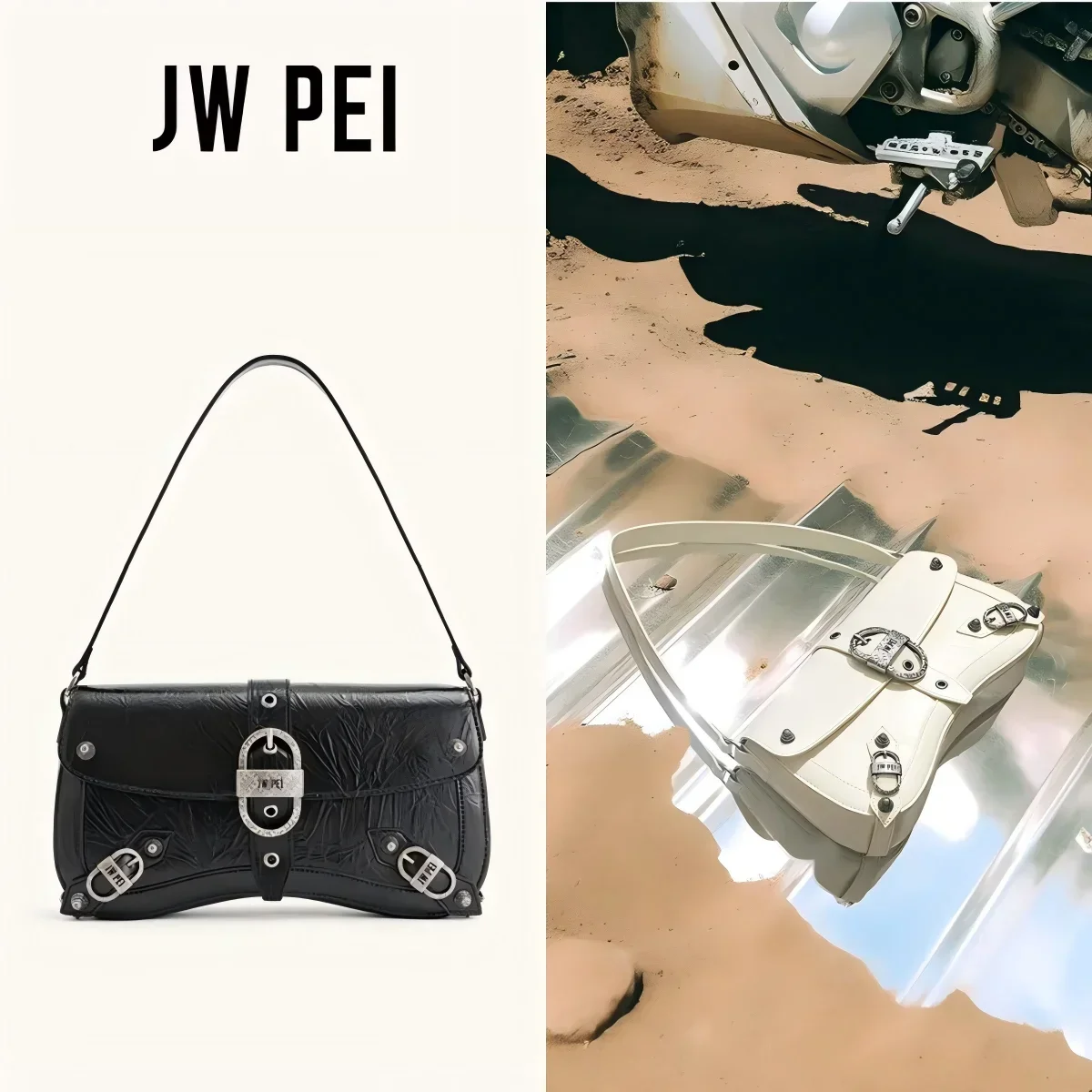 JW PEI 여성 리벳 가방 기관차 가방 숄더 백 세련된 새 여성 법률 스틱 크로스 바디 겨드랑이 가방 캐주얼
