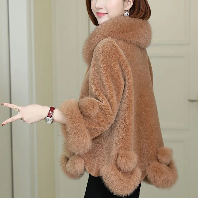 Women'S Cropped Fake Fur Coat Winter Fashion Thick Faux Fox Fur Collar Oversized Outwear Plus Size Sheep Shearing Warm Overcoat