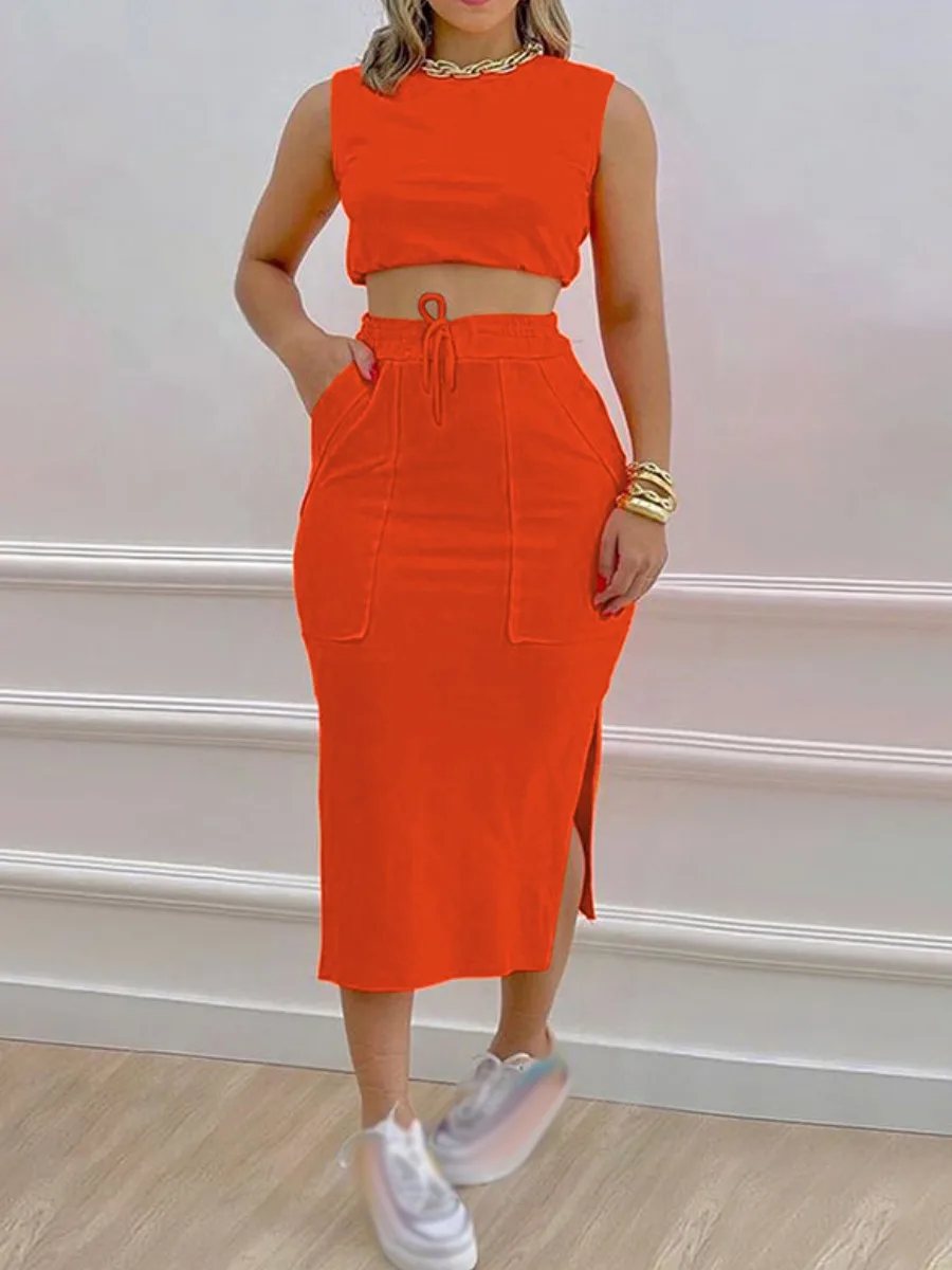 

LW women's skirt sets summer sleeveless Crop Top + Drawstring Side Slit Skirt Set Fashion women's clothing casual Two pieces set