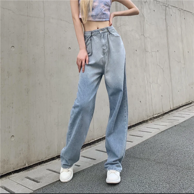 Women Summer New Casual Loose Denim Pants 2021 Low Waist Mom Fit Straight Wide Leg Jeans Gradient Light Blue Baggy Jean Female