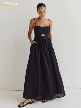 Clacive Sexy Loose Black Cotton Womens Dresses 2024 Summer Strap Sleeveless Ankle Length Dress Elegant Hollow Out Female Dress 1