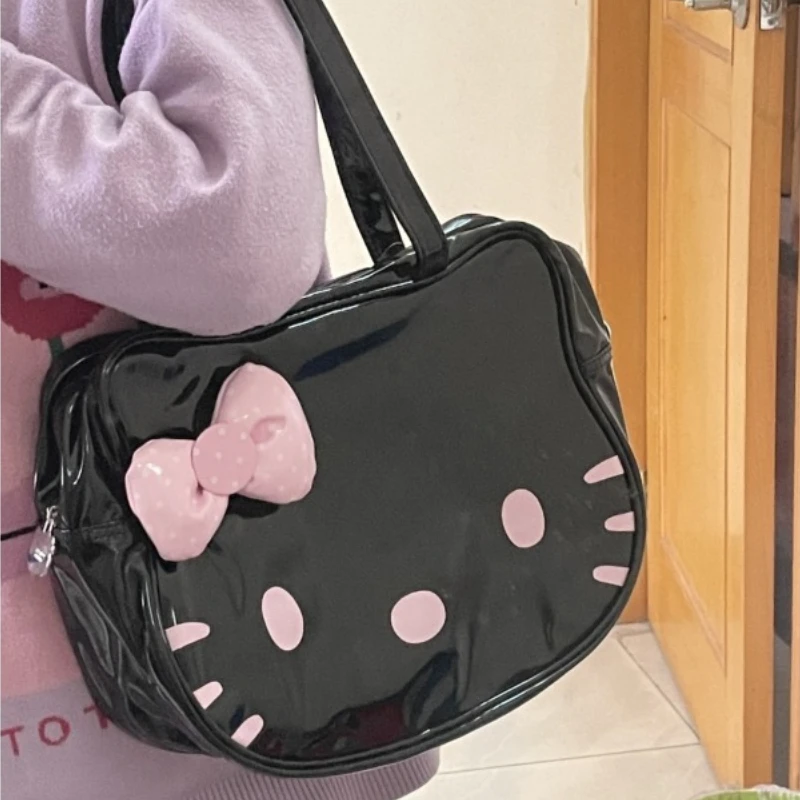 

MBTI Hello Kitty Womens Shoulder Bag Black Leather Cute Bow Harajuku Fashion Cartoon Tote Bag New Style Casual Female Handbag