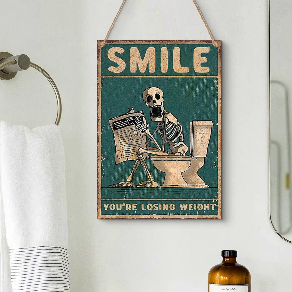 1PC, funny skeleton toilet seat decoration sign, lightweight wooden material home decoration sign
