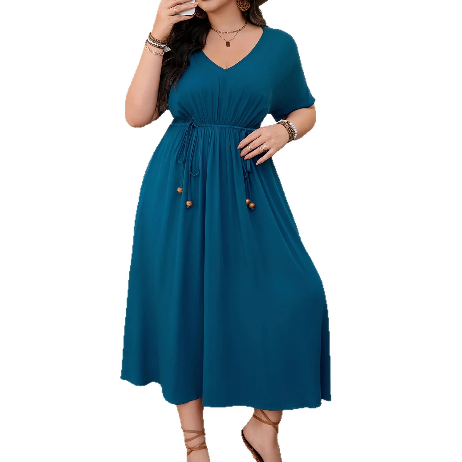 Plus Size Elegant V-neck Short Sleeve plus Size Dress Slimming Waistline Fashionable Women's Clothing Cross-Border Large Size... - Image 5