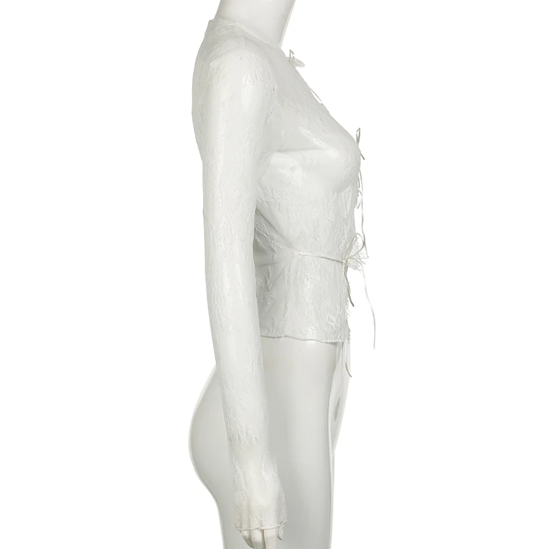 Abrigo fino de encaje transparente y sexy, de manga larga, a la moda, con cordones y cuello redondo, bonito cárdigan de calle para mujer