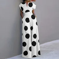 Yeezzi Women's Fashion Polka Dot Wide Leg Jumpsuits Short Sleeve High Waist Loose Fit Pockets Elegant Party Office Overalls - Image 2