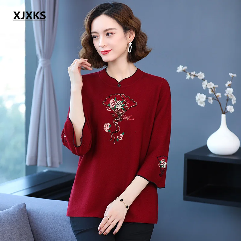 

XJXKS 2022 Spring Autumn New Women Thin Sweater Loose Plus Size Fashion Chinese Cheongsam Collar Wool Knitted Pullover