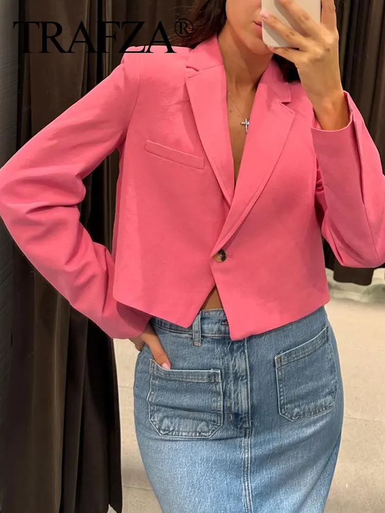 HH Women Cropped Blazer Coat Sweet Pink Single Button Long Sleeve Slim Jacket Spring Autumn Female Commuting Suits Outwear