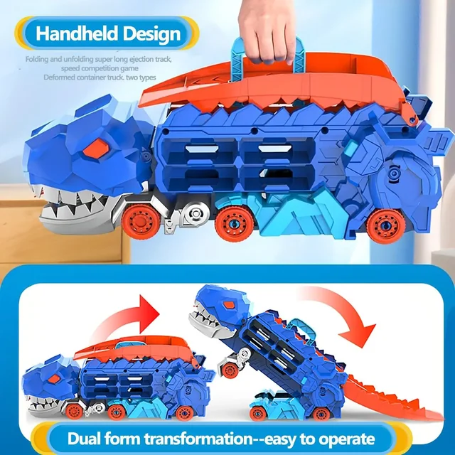 Transport Dinosaur Hauler Truck Foldable Sliding 25 Inch Race Track Transforms into Standing T-rex with 4 Die-cast Cars Toy Kids 4