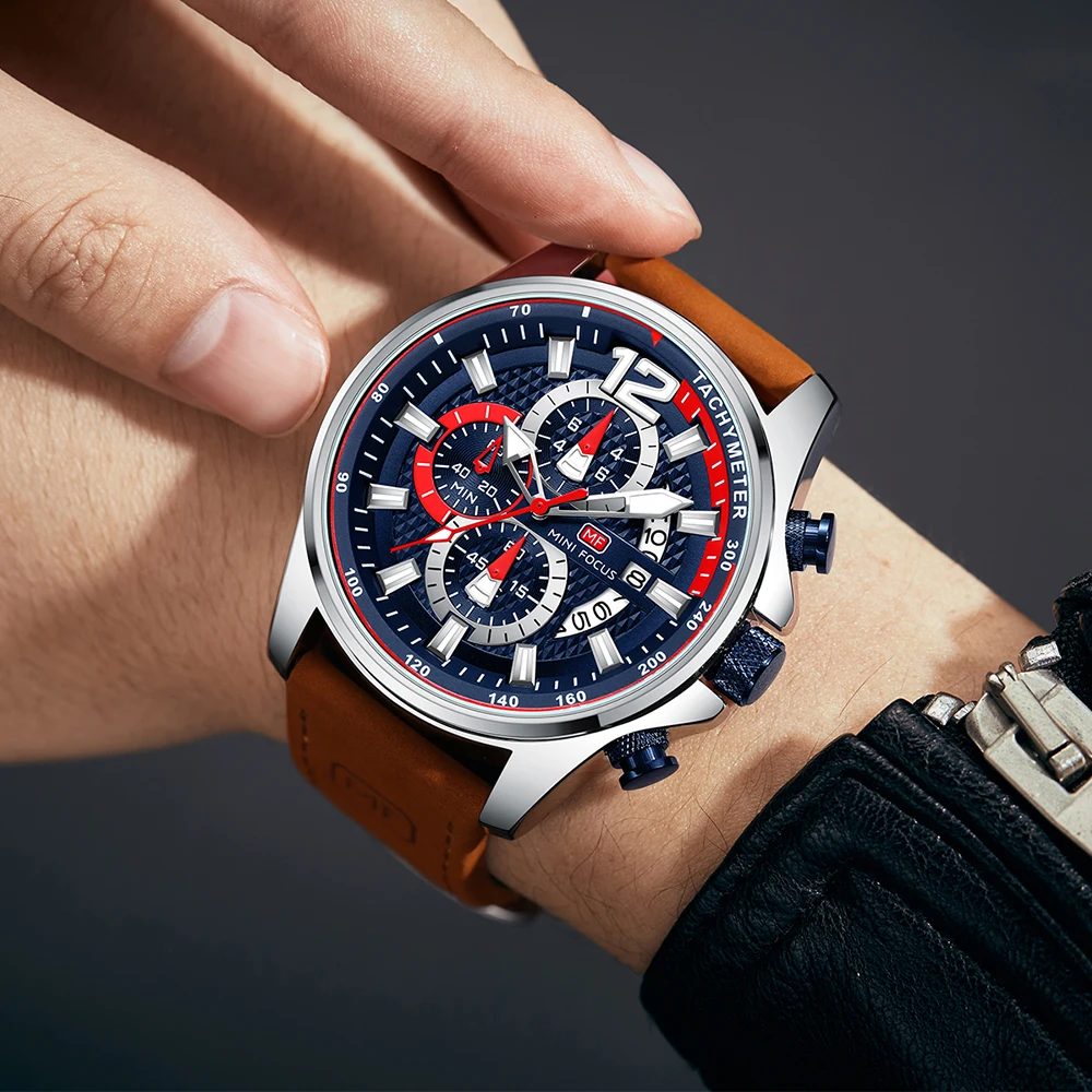 MINI FOCUS Casual Sport Watches for Men Fashion Leather Strap Chronograph Quartz Wristwatch with Date Luminous Hands Blue 0350