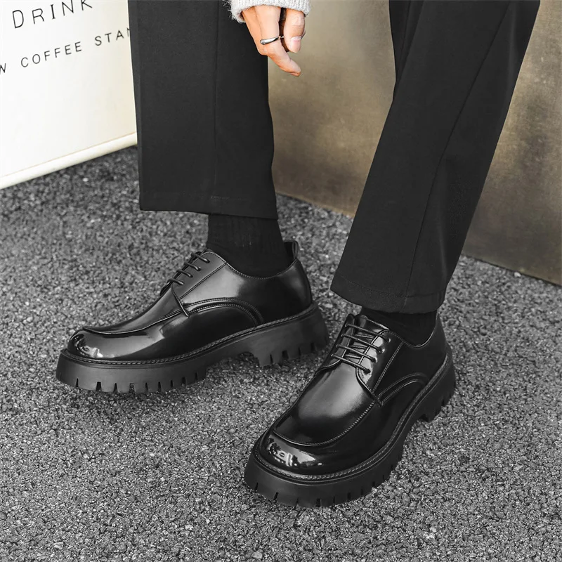 Men's Casual Business Leather Derby Shoes Trendy Mens Lace-up Thick Sole Heightened Shoe British Style