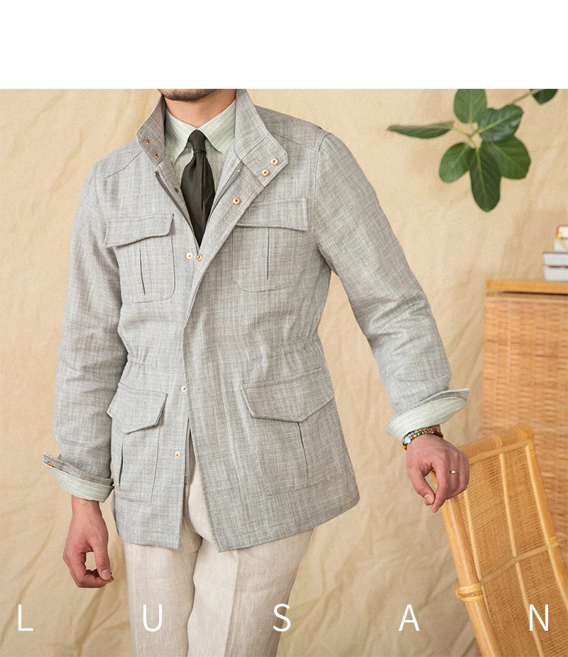 Baumwolle und Leinen, vertikaler Kragen, enge Taille, M65-Jagdjacke, Retro-All-Match-Frühlings- und Sommer-leichte Freizeitjacke – Detail 17