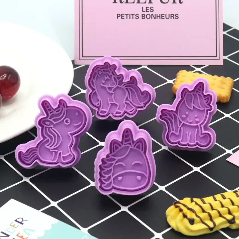 4Pcs/set Unicorn Shape Cookie Cutters Plastic 3D Cartoon Pressable Biscuit Mold Cookie Stamp Baking Tool