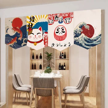 2022 일본 짧은 문 커튼 행운의 고양이 주방 파티션 삼각형 플래그 커튼, 만화 장식 드레이프 코티나스, 1 개 상품 이미지