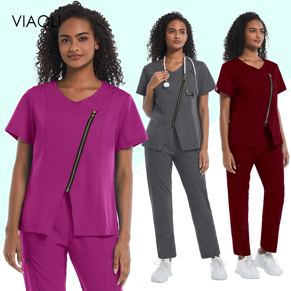 

Solid Color Scrubs Sets Pet Clinic Work Clothes Short Sleeved Nursing Uniform Tops Zipper Trousers Hospital Nurse Suit Wholesale